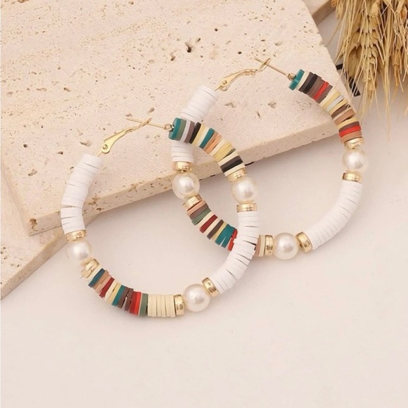 Jewelry - Multicolor & White Beaded Hoop Earrings with Pearl Accents